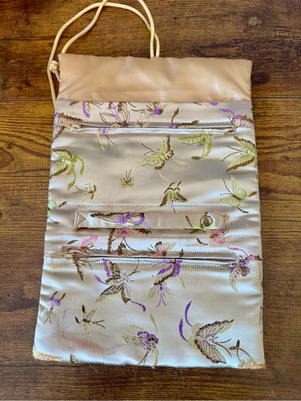 Vintage Butterfly Brocade Satin Jewelry Travel Roll Organizer 3 Zipper Pockets